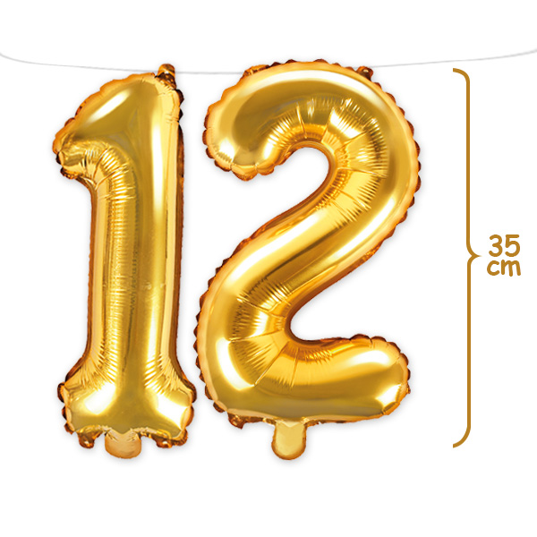 12. Geburtstag, Zahlenballon Set 1 & 2 in gold, 35cm hoch