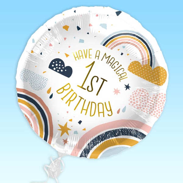 Ballongruß "1st Birthday Regenbogen", Folienballon im Karton