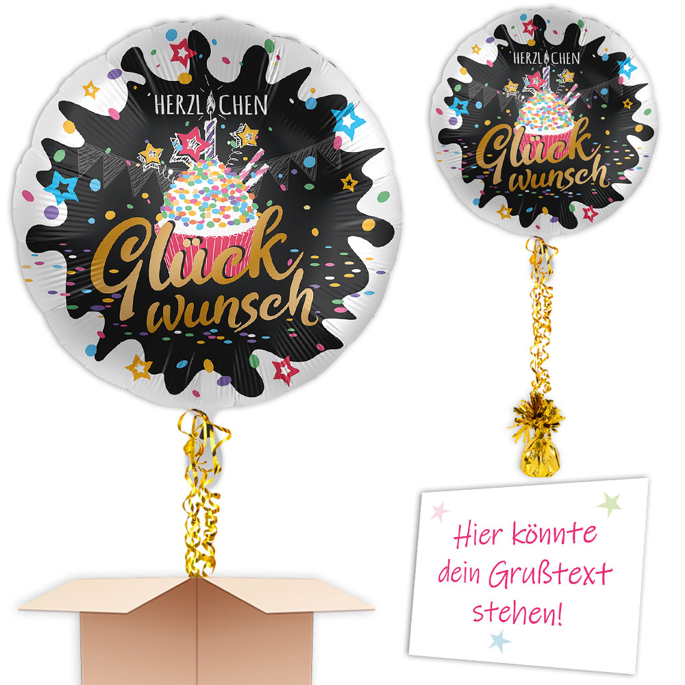 Geburtstag Ballongruß "Herzlichen Glückwunsch" mit Cupcake-Motiv