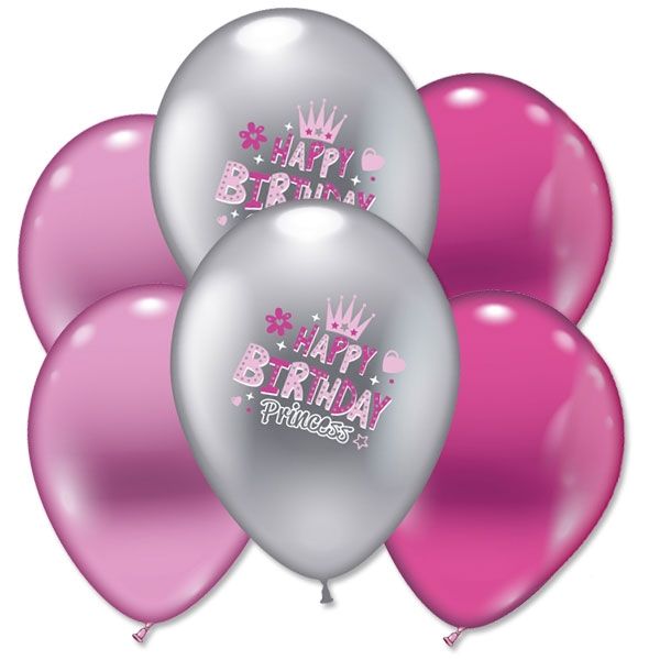Happy Birthday Prinzessin Luftballons, 6 Stk, pink & silber, Ø 30cm