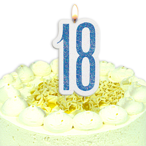 Geburtstagskerze Zahl 18, in schimmerndem Blau