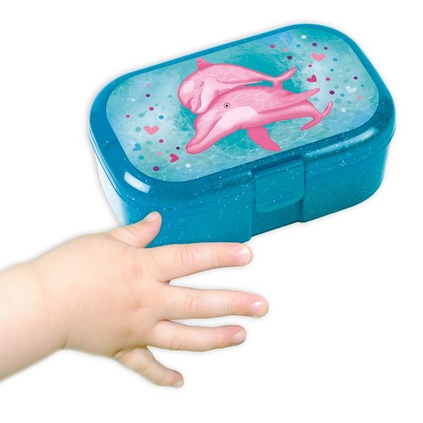 Mini-Lunchbox, Glitzer, Rosa Delfine, 10,5cm x 7cm