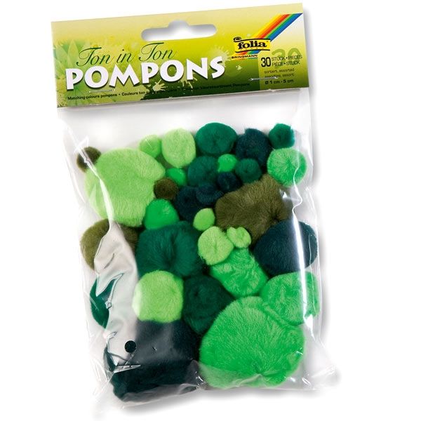 Pompons, 30 Stück, grün sortiert, mehrere Größen, hell und dunkel