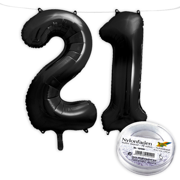 21. Geburtstag, XXL Zahlenballon Set 2 & 1 in schwarz, 86cm hoch
