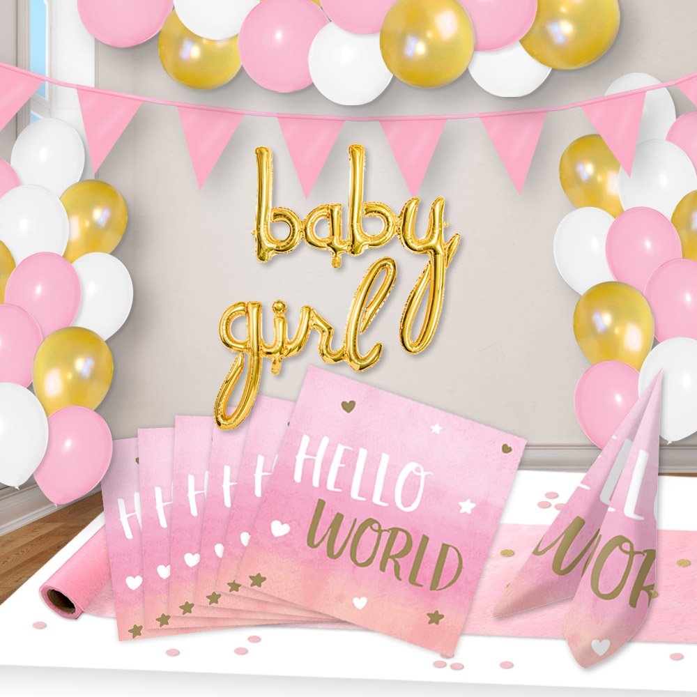 Baby Girl Raum+Tischdeko Spar Set bis 16 Gäste, Hello World, 50-teilig