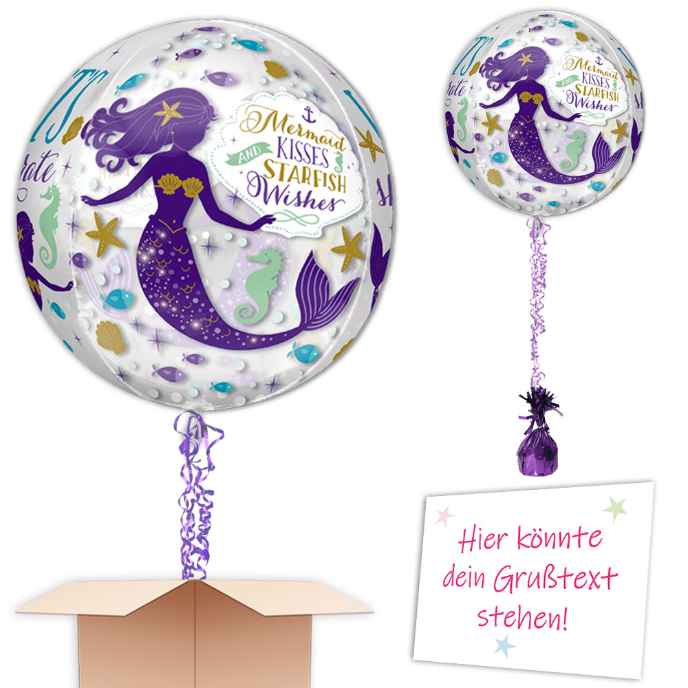 Ballongruß "Happy Birthday Meerjungfrau", XL Bubble-Ballon im Karton
