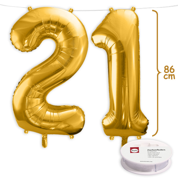 21. Geburtstag, XXL Zahlenballon Set 2 & 1 in gold, 86cm hoch