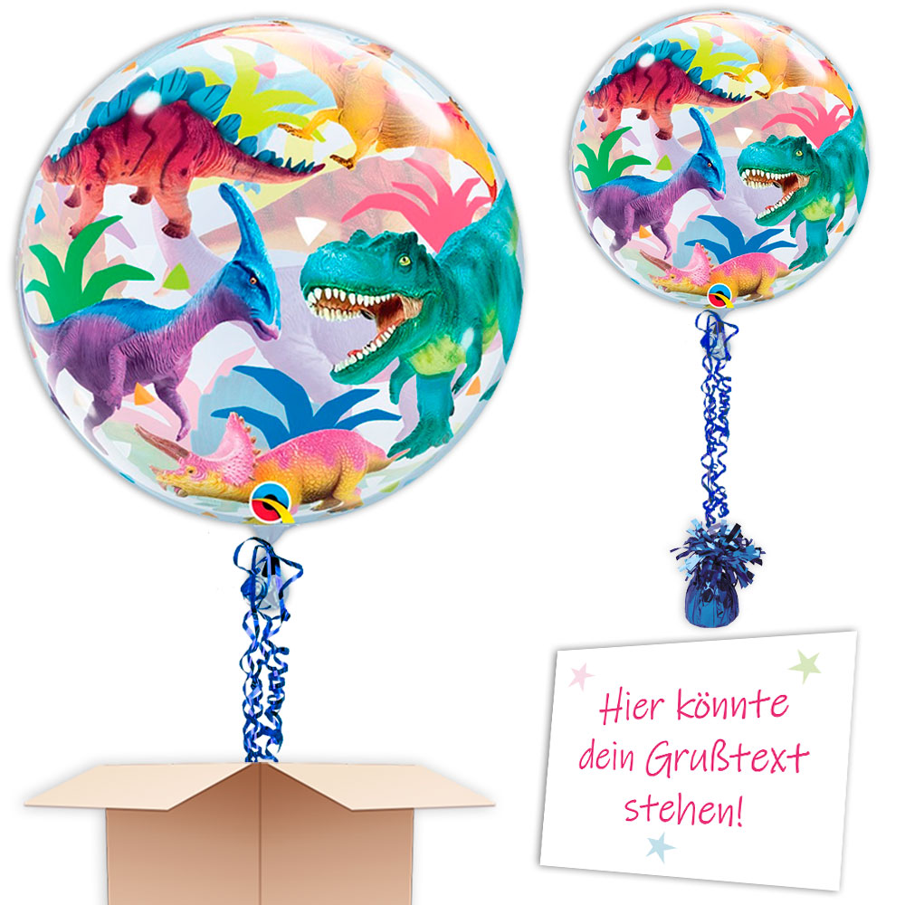 Ballongruß Dinosaurier, XXL Bubble-Ballon im Karton, Ø 56cm