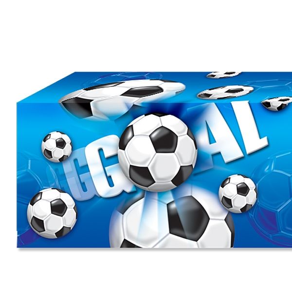 Fußball-Tischdecke blau "GOAL" mit Fußbällen, 1,2×1,8m, PVC-Folie