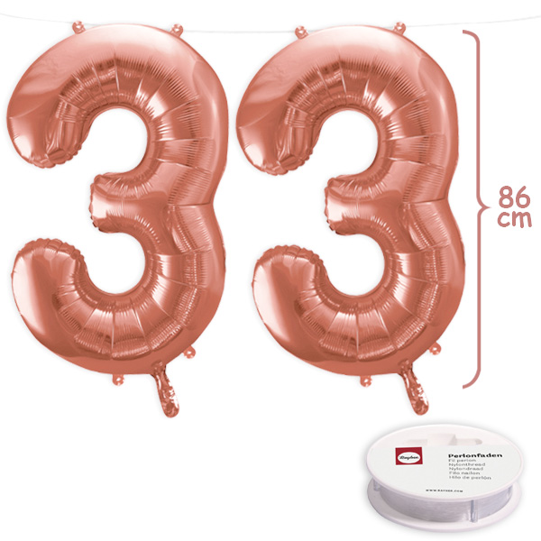 33. Geburtstag, XXL Zahlenballon Set 2x3 in roségold, 86cm hoch