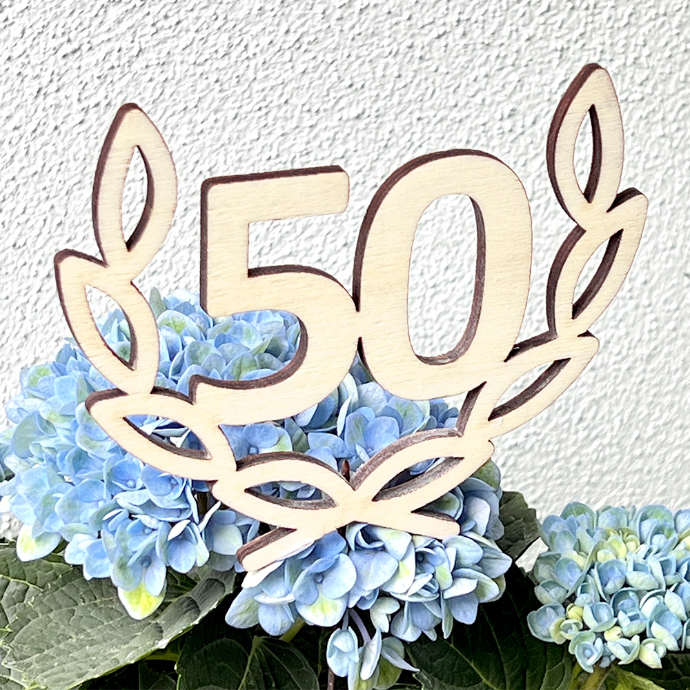 Blumentopper zur Goldhochzeit, "50" mit Kranz, Deko für Blumentopf oder Strauß