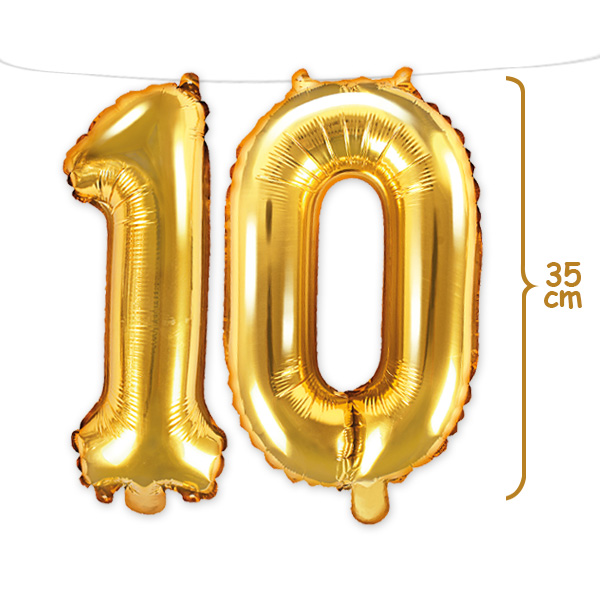 10. Geburtstag, Zahlenballon Set 1 & 0 in gold, 35cm hoch