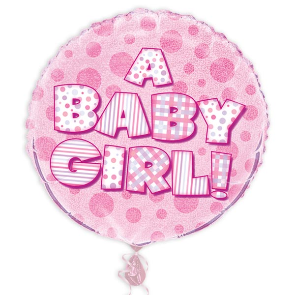 Folienballon "A Baby Girl" zur Babyparty, rosa prismatisch glitzernd, Ø 35cm