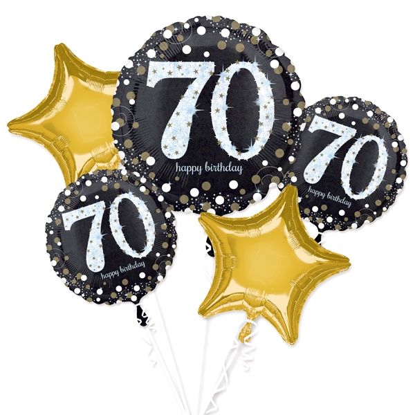 Folienballon-Set 70. Happy Birthday, gold/schwarz 5 Stk, verpackt