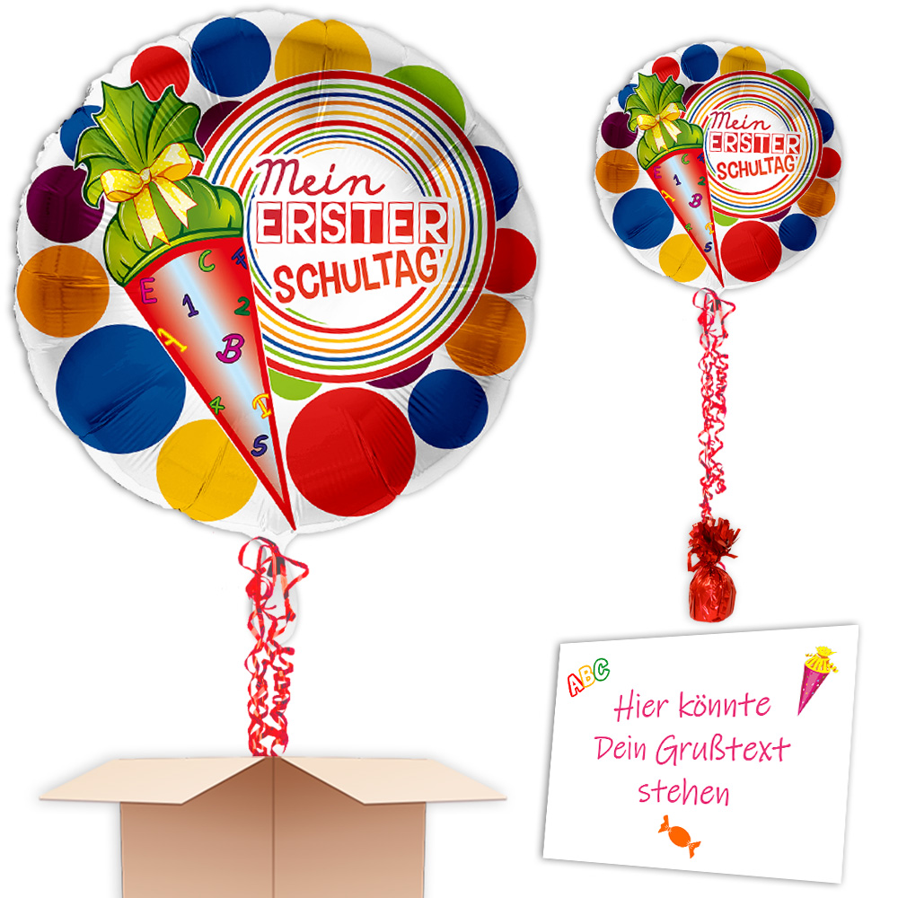 Komplett mit Helium - Ballongruß "Mein erster Schultag" mit Zuckertüten-Motiv