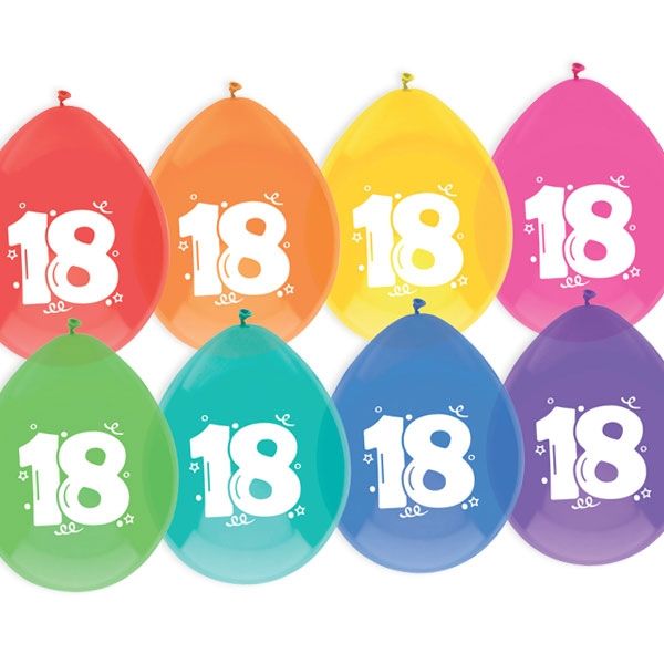 Luftballons, bedruckt mit der Zahl "18"