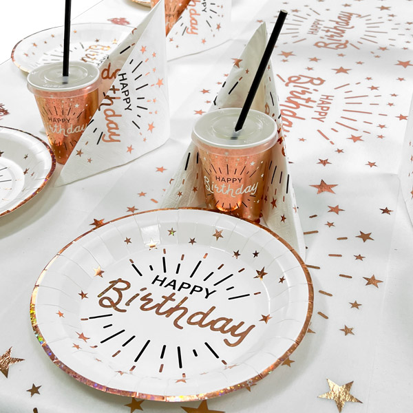 Happy Birthday Tischdeko Set in rosègold-weiß, bis 20 Gäste, 108-teilig