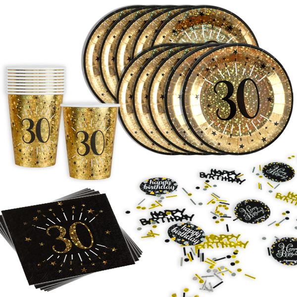 Basicset zum 30. Geburtstag in schwarz-gold glitzernd, 31-teilig für 10 Gäste