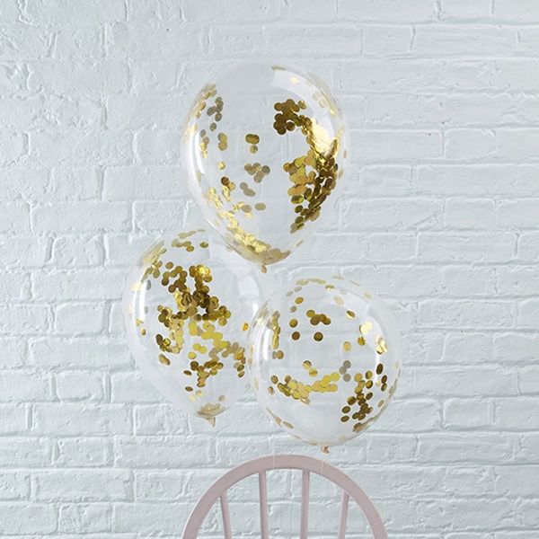 Konfetti-Ballons in gold, 5 Stück, durchsichtige Ballons aus Latex