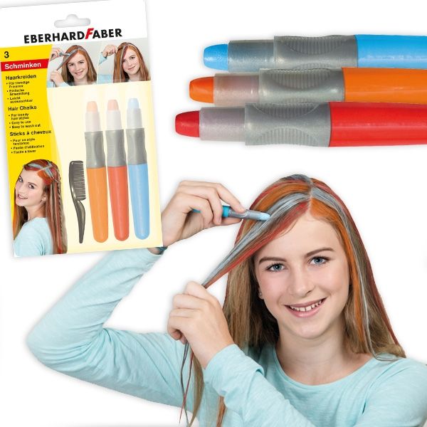 Haarkreide Set Basic, Rot, Blau, Orange, mit Kamm