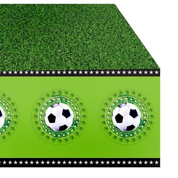Fußball Partytischdecke als grüner Rasen mit Bällen am Rand, 1,3×1,8m