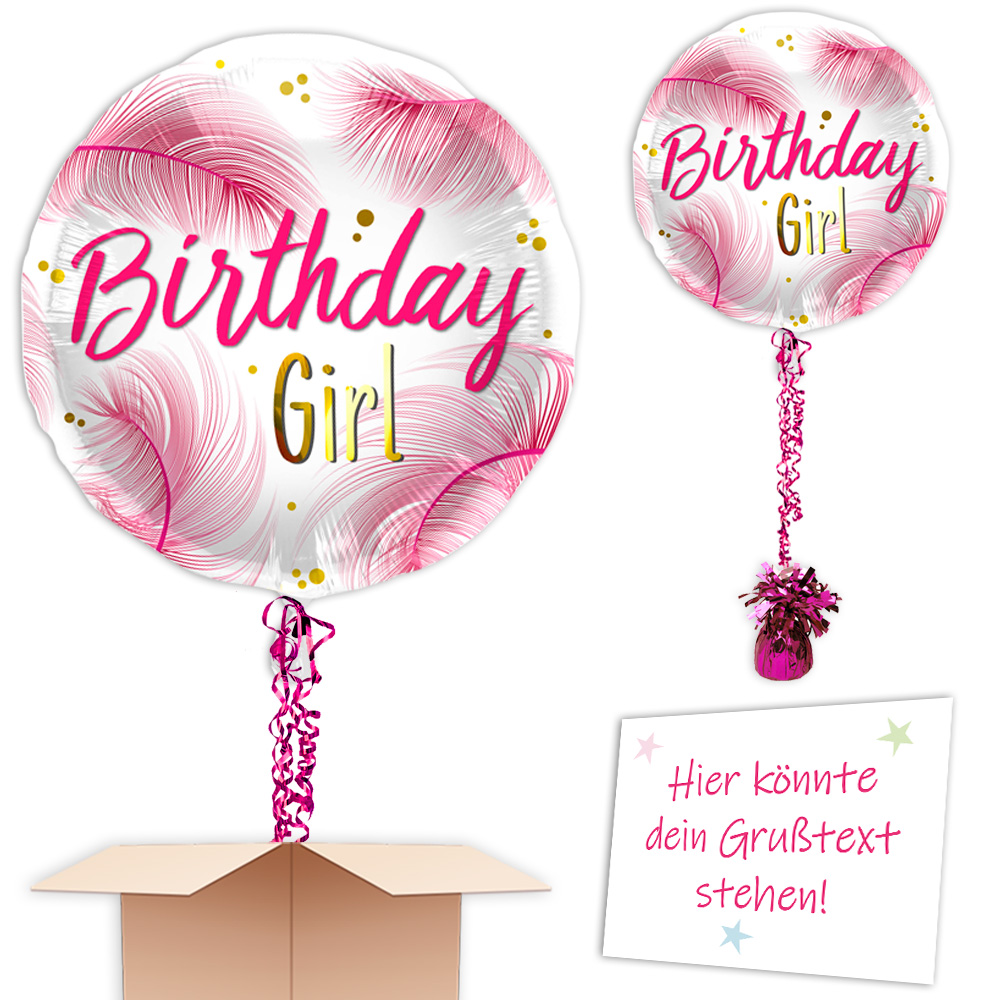 Geburtstagsballon Mädels "Birthday Girl" inkl. Helium, Bänder, Gewicht