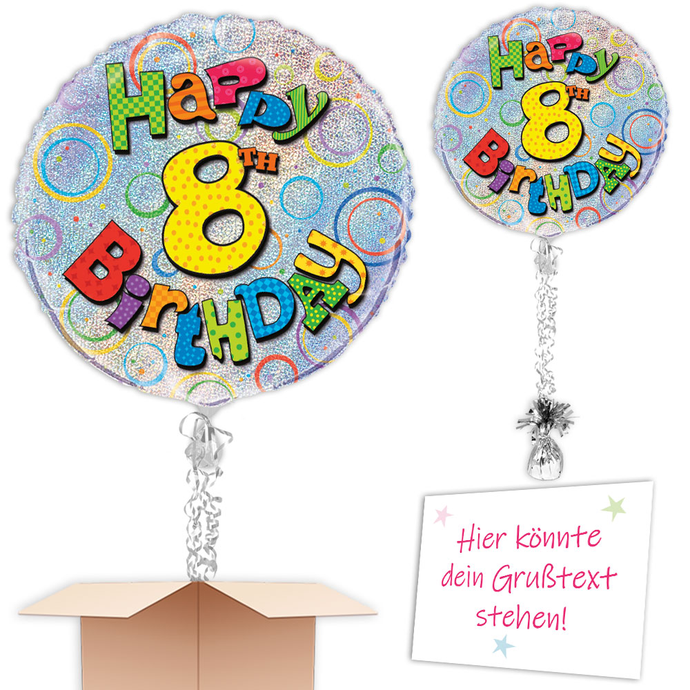 Heliumballon 8.Geburtstag als Geschenk verschicken mit Band u. Gewicht
