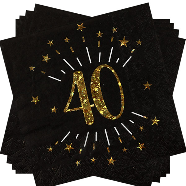 Servietten "Zahl 40" in Schwarz mit goldener Schrift, 10er Pack, 33cm