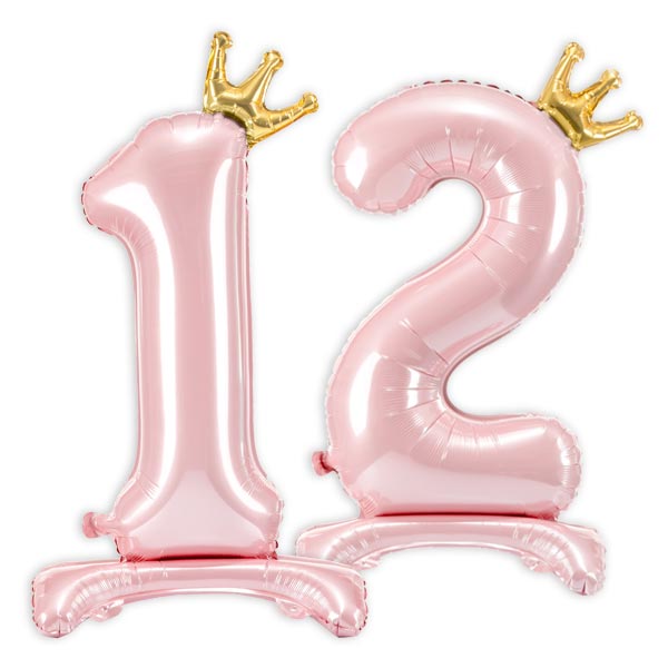 Stehende Ballons, Zahl 12 mit Krönchen, rosa, 84cm hoch