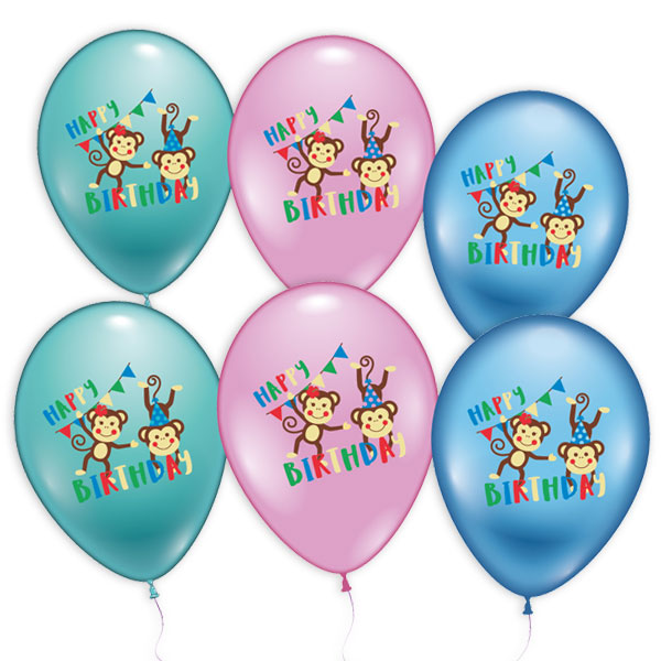 Happy Birthday Latexballons mit Affenmotiv im 6er Pack, 28-30cm