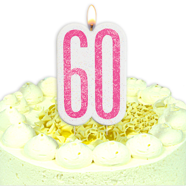 Geburtstagskerze Zahl 60, in schimmerndem Pink