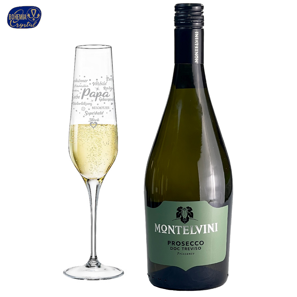 Prosecco Geschenkset "Papa" mit graviertem Sektglas aus Böhmen-Kristall 