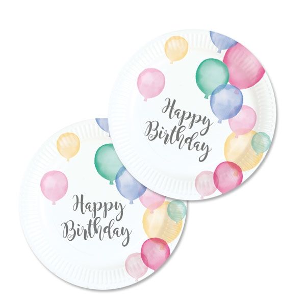Teller rund Happy Birthday Ballons Pastell 8er,Pappe,18cm