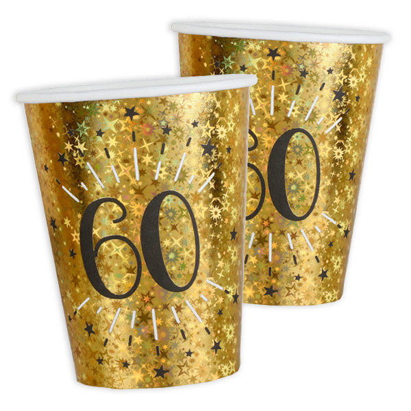 Pappbecher "60" in Gold, holografisch glitzernd, 10er Pack, 270ml