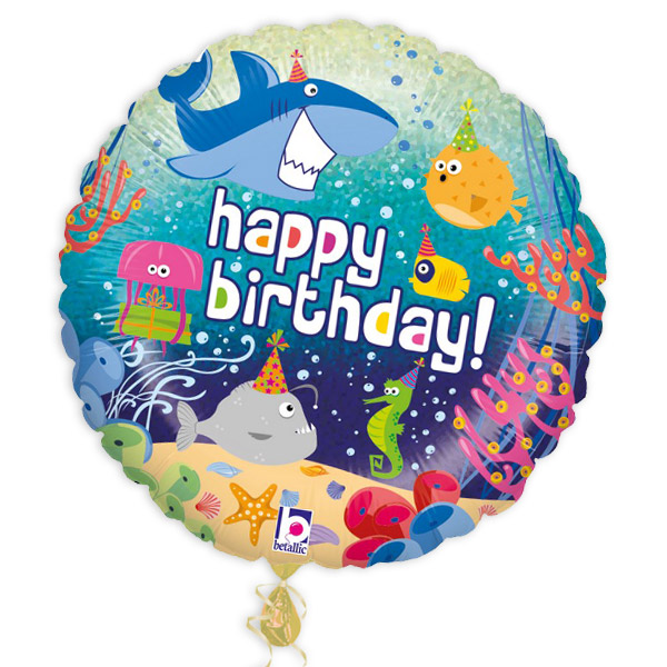 Meerestiere Geburtstagsballon schwebt aus dem Karton, Band, Karte