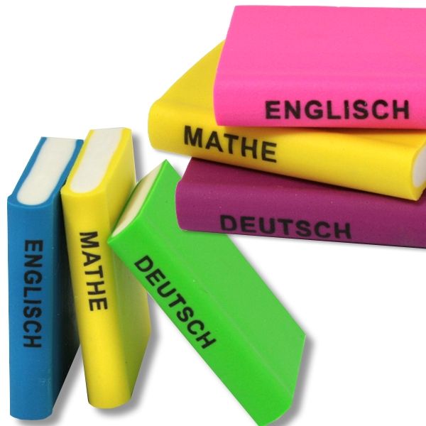 Schulbuch-Radierer im 3er Pack, Mathe, Deutsch, Englisch, versch. Farben