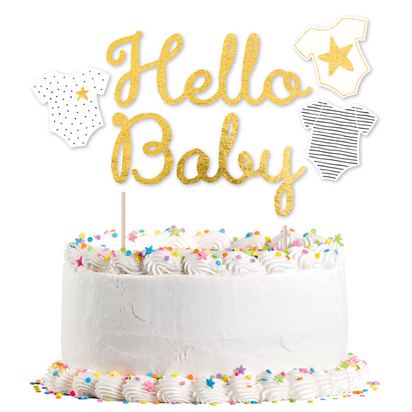 Cake Topper "Hello Baby", gold glänzende Tortendekoration, 18cm x 10cm