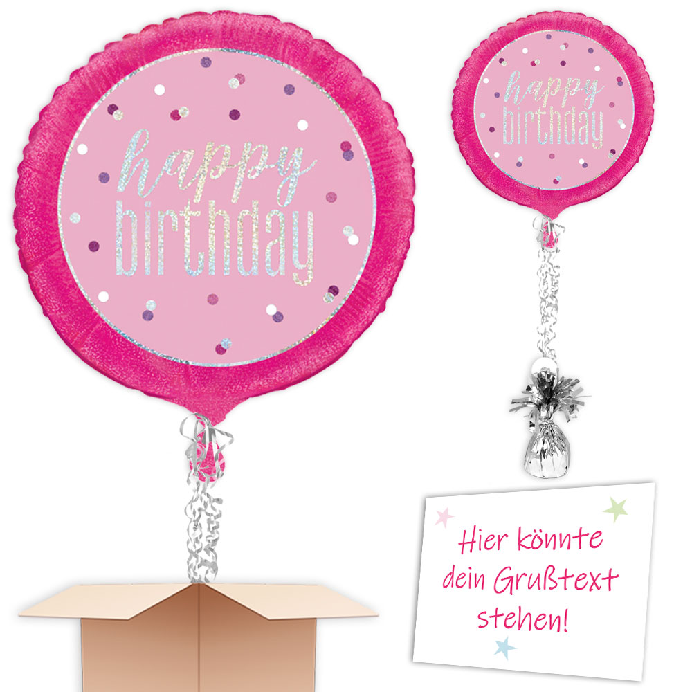 "Happy Birthday" in prismatisch Pink inkl. Helium, Bänder, Gewicht
