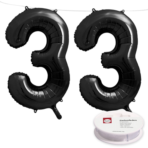 33. Geburtstag, XXL Zahlenballon Set 2 x 3 in schwarz, 86cm hoch