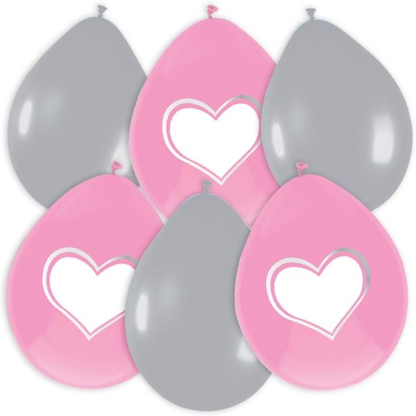 Herzballons rosa/silbern, 6 Latex-Luftballons mit Herz-Aufdruck