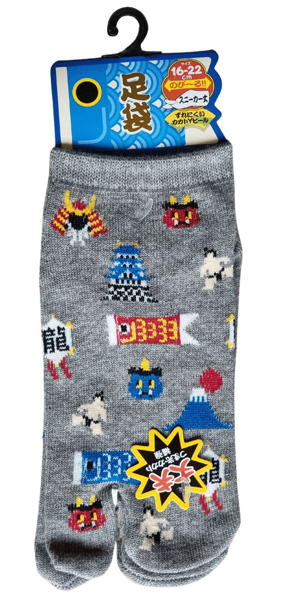 Kinder Tabi Socken Zehensocken Symbole Japans grau