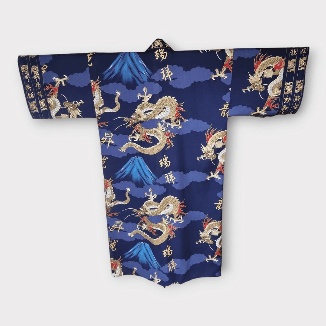 Plus Size Yukata Herren Drache und Fuji blau inkl. Obi