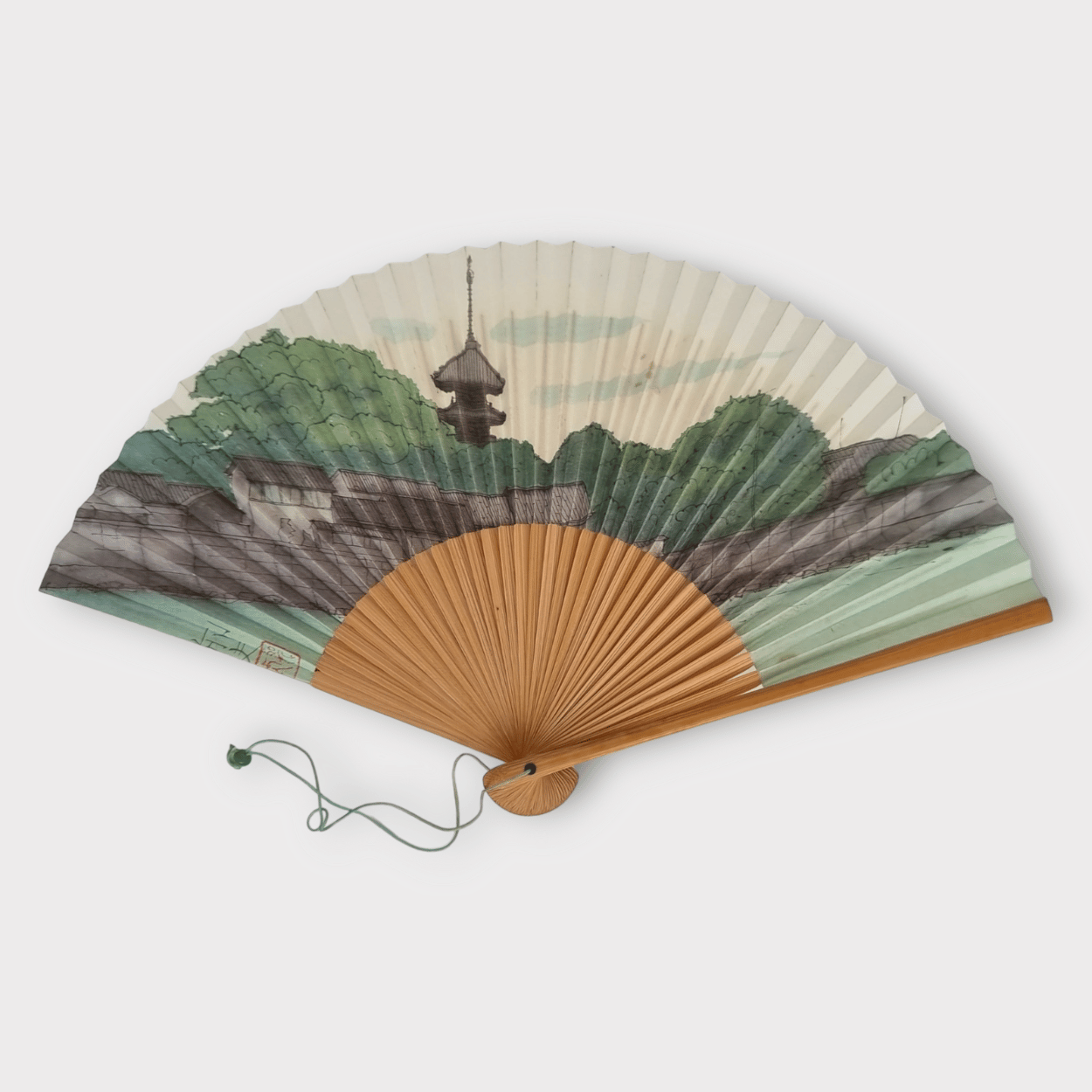 Vintage Sensu japanischer Handfächer mit Tempel