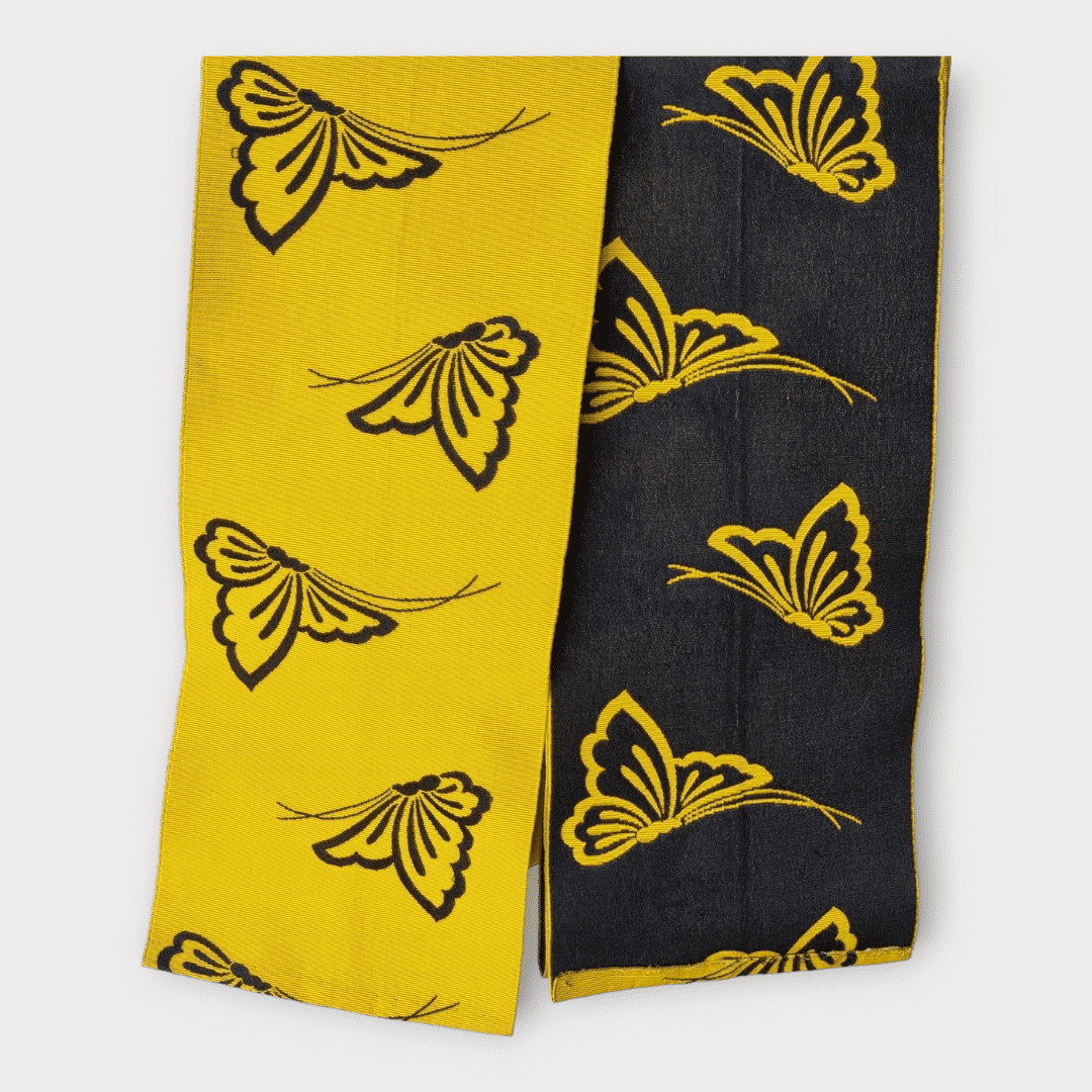 Vintage Hanhaba Obi gelb schwarz mit Schmetterlingen