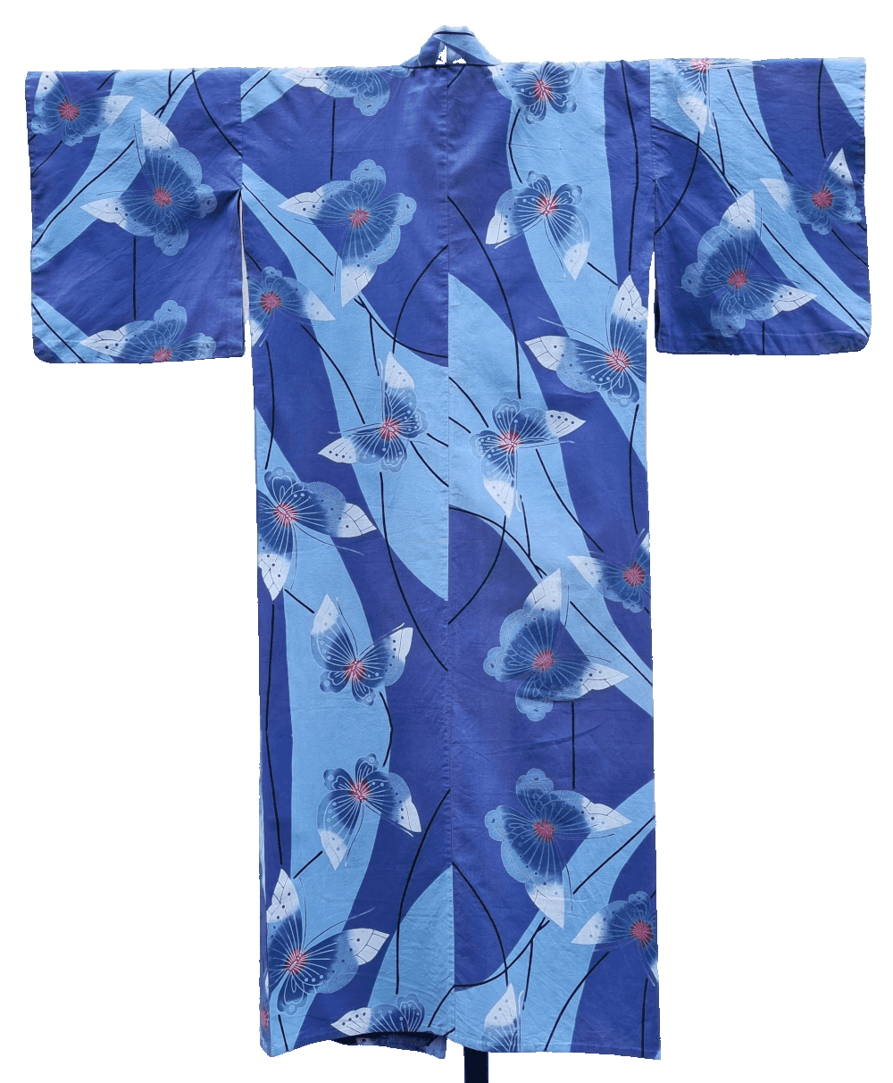Rückseite Yukata Damen blau mit blauen Schmetterlingen