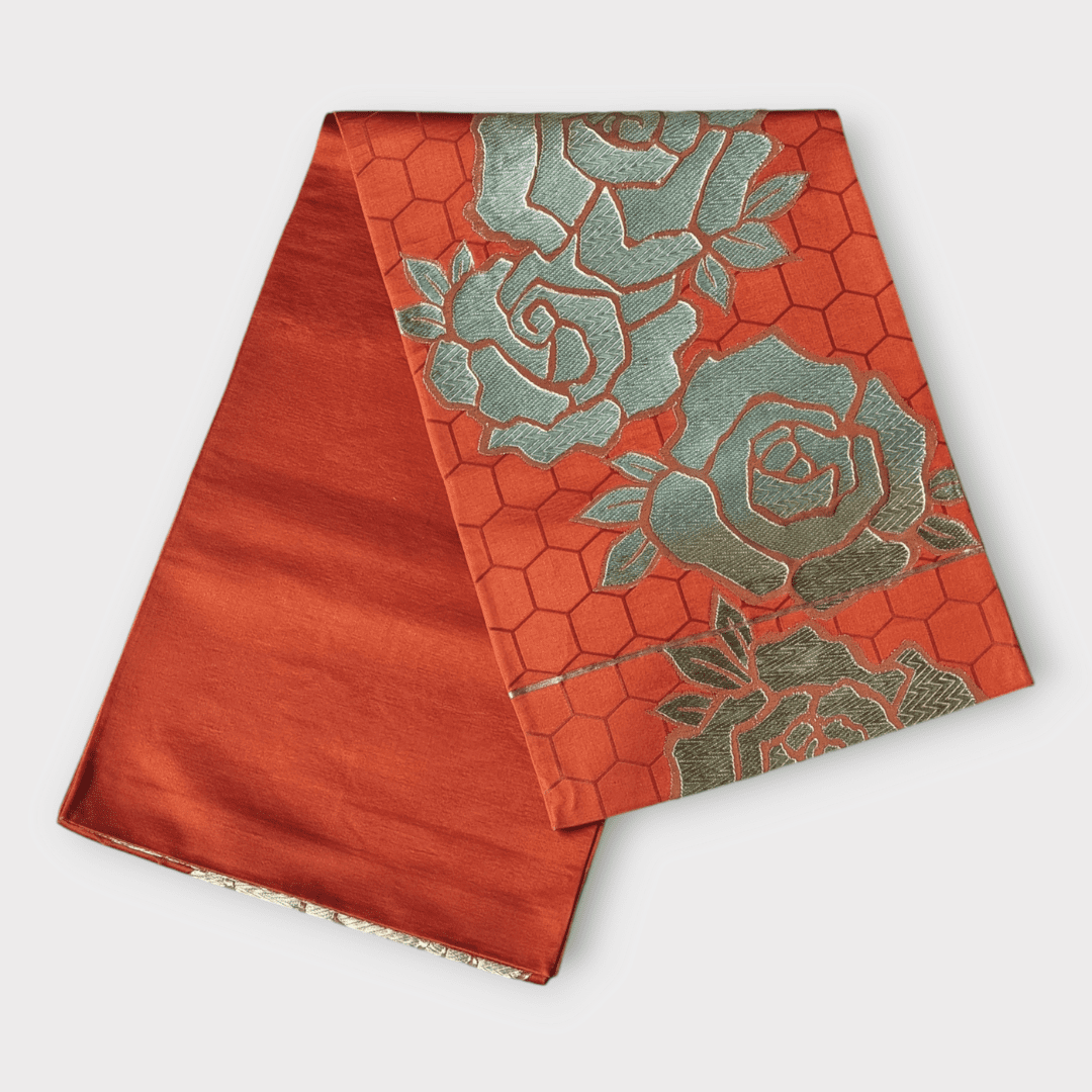 Vintage Fukuro Obi Orange mit Rosen