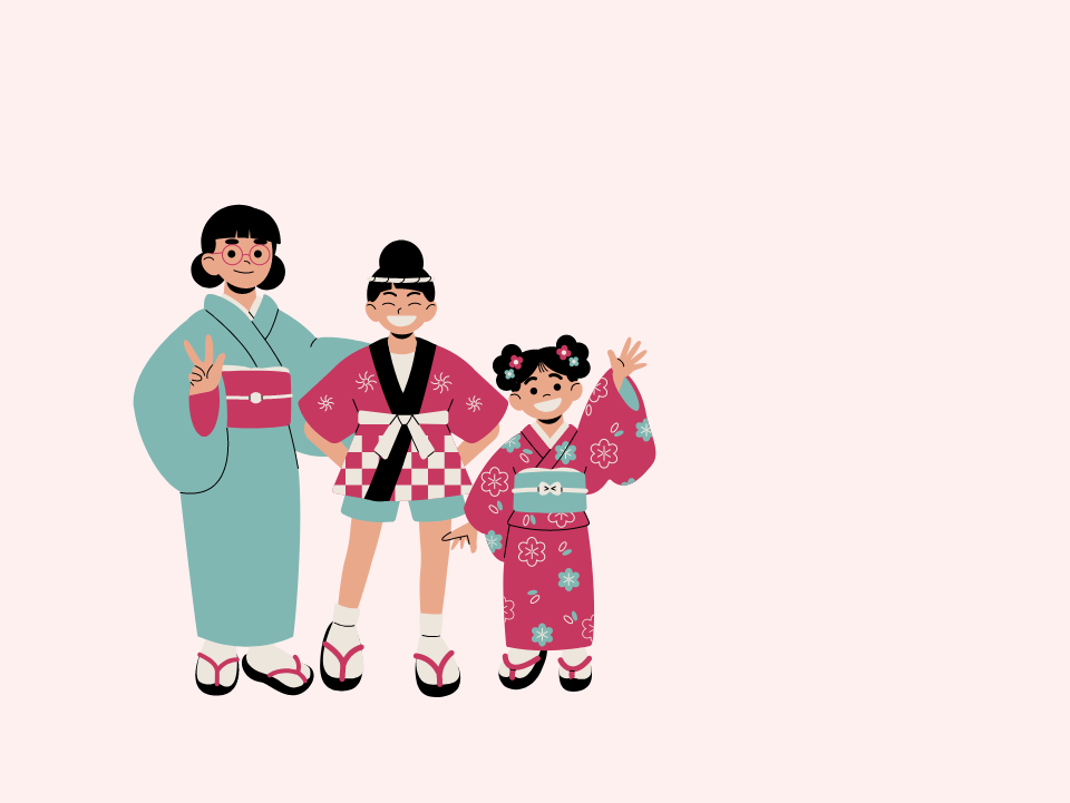 Grafik drei Kinder in japanischen Outfits