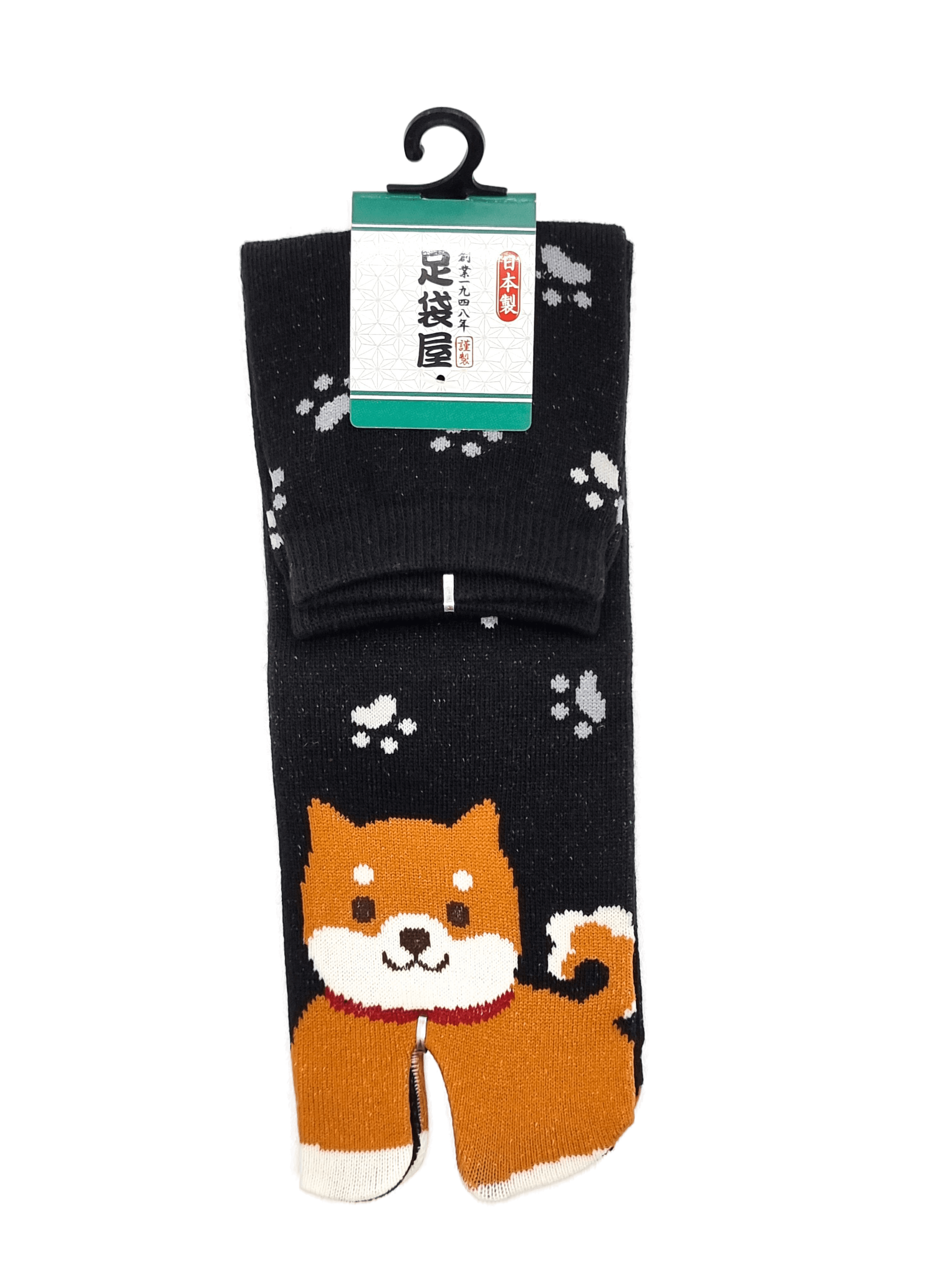 Linke braune Tabi Socke mit Shiba Inu in schwarz