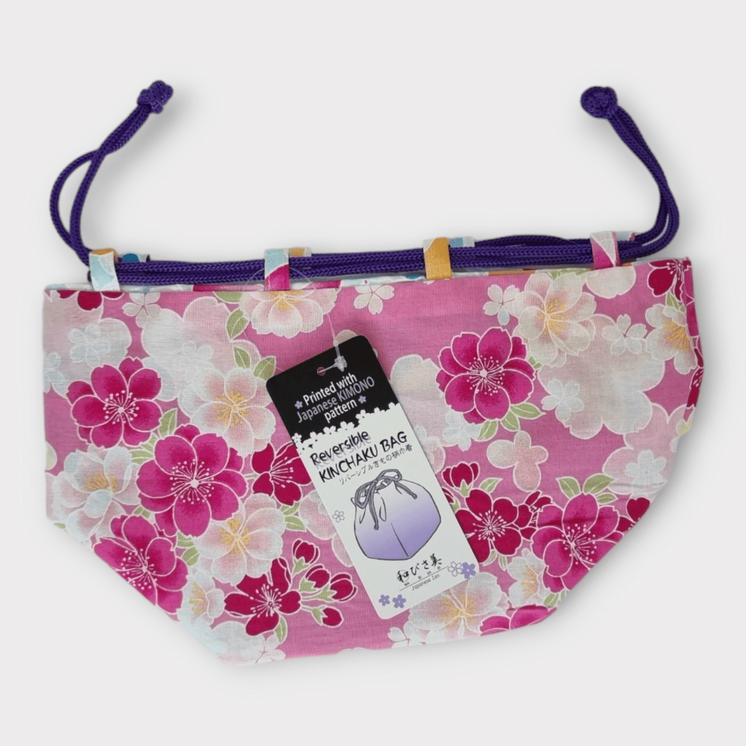 Kinchaku Beutel Wendetasche Hellblau-Rosa Blüten