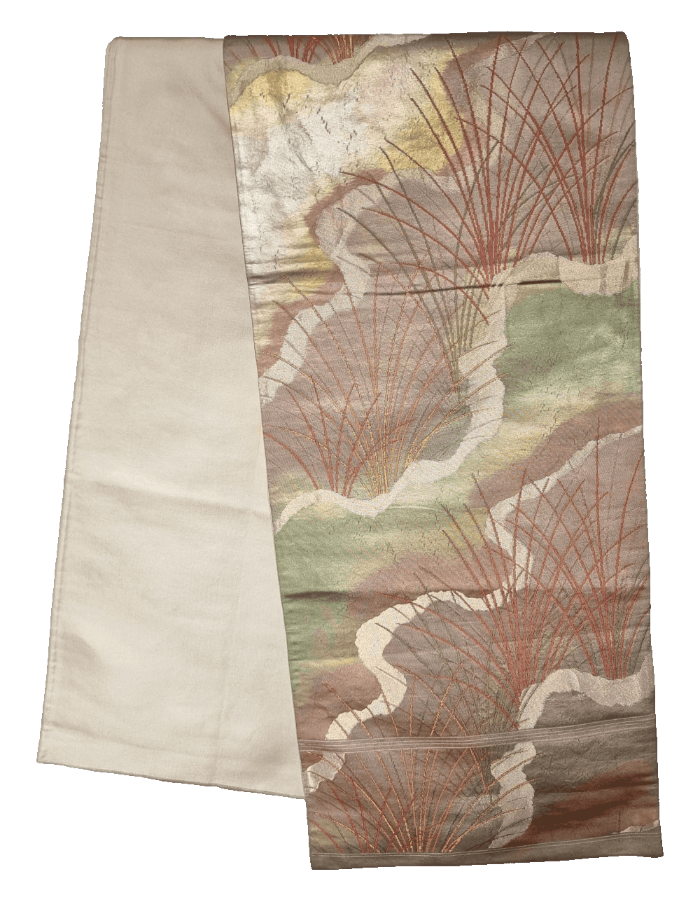 Vor- und Rückseite Fukuro Obi farbenfroh mit Gräsern